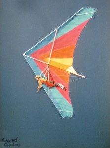 3-D relief painting of a 1980s hang glider