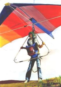 Paining of a late 1970s hang glider ready to launch