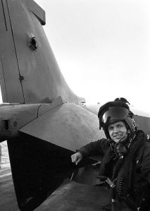 David Morgan and the shell hole in the tailfin of his Sea Harrier